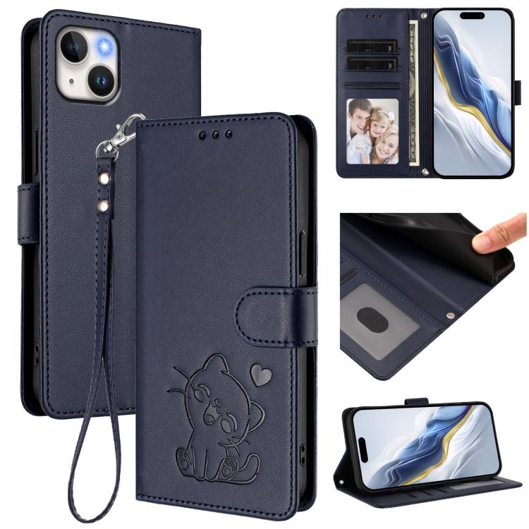 손목 스트랩이 있는 엠보싱 하트 고양이 가죽 휴대폰 케이스, iPhone 15용, iPhone 14 Plus용, iPhone 14 / 13용, iPhone 14 Pro용