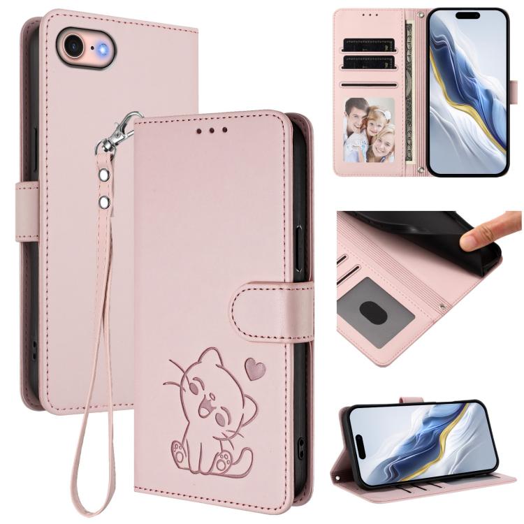 손목 스트랩이 있는 엠보싱 하트 고양이 가죽 휴대폰 케이스, iPhone 14 Pro Max용, iPhone 7 / 8 / SE 2022용, iPhone 13 Pro Max용, iPhone 13 Pro용
