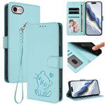 손목 스트랩이 있는 엠보싱 하트 고양이 가죽 휴대폰 케이스, iPhone 14 Pro Max용, iPhone 7 / 8 / SE 2022용, iPhone 13 Pro Max용, iPhone 13 Pro용