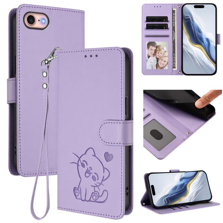 손목 스트랩이 있는 엠보싱 하트 고양이 가죽 휴대폰 케이스, iPhone 14 Pro Max용, iPhone 7 / 8 / SE 2022용, iPhone 13 Pro Max용, iPhone 13 Pro용