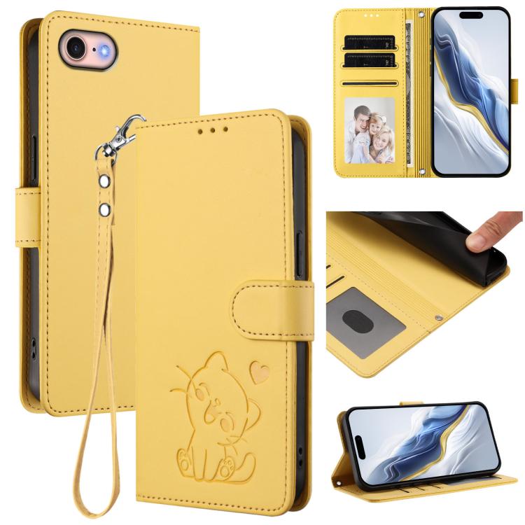 손목 스트랩이 있는 엠보싱 하트 고양이 가죽 휴대폰 케이스, iPhone 14 Pro Max용, iPhone 7 / 8 / SE 2022용, iPhone 13 Pro Max용, iPhone 13 Pro용