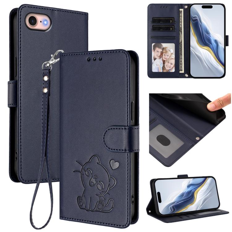 손목 스트랩이 있는 엠보싱 하트 고양이 가죽 휴대폰 케이스, iPhone 14 Pro Max용, iPhone 7 / 8 / SE 2022용, iPhone 13 Pro Max용, iPhone 13 Pro용
