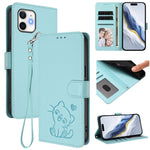 손목 스트랩이 있는 엠보싱 하트 고양이 가죽 휴대폰 케이스, iPhone 13 mini용, iPhone 12 / 12 Pro용, iPhone 12 Pro Max용, iPhone 12 mini용