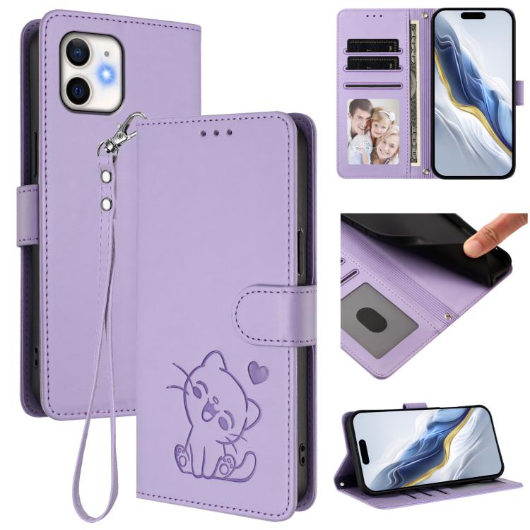 손목 스트랩이 있는 엠보싱 하트 고양이 가죽 휴대폰 케이스, iPhone 13 mini용, iPhone 12 / 12 Pro용, iPhone 12 Pro Max용, iPhone 12 mini용