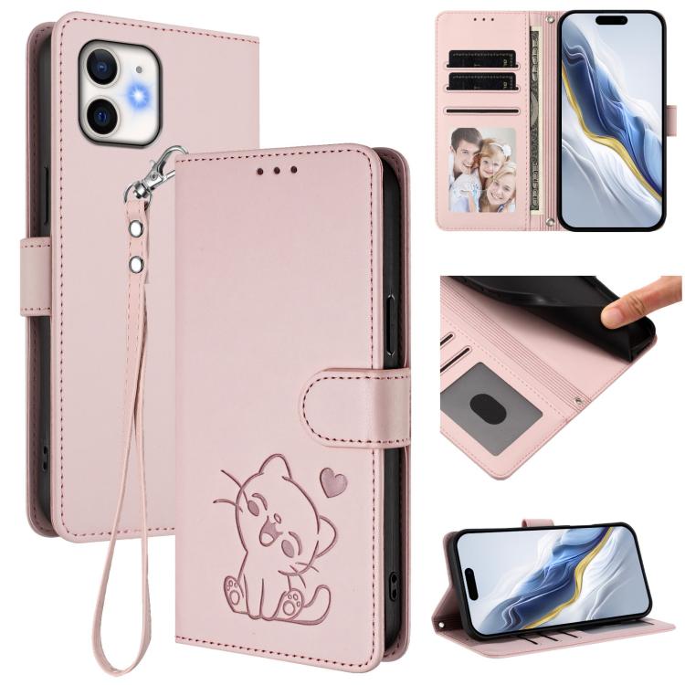 손목 스트랩이 있는 엠보싱 하트 고양이 가죽 휴대폰 케이스, iPhone 13 mini용, iPhone 12 / 12 Pro용, iPhone 12 Pro Max용, iPhone 12 mini용