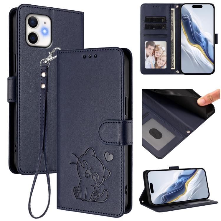 손목 스트랩이 있는 엠보싱 하트 고양이 가죽 휴대폰 케이스, iPhone 13 mini용, iPhone 12 / 12 Pro용, iPhone 12 Pro Max용, iPhone 12 mini용