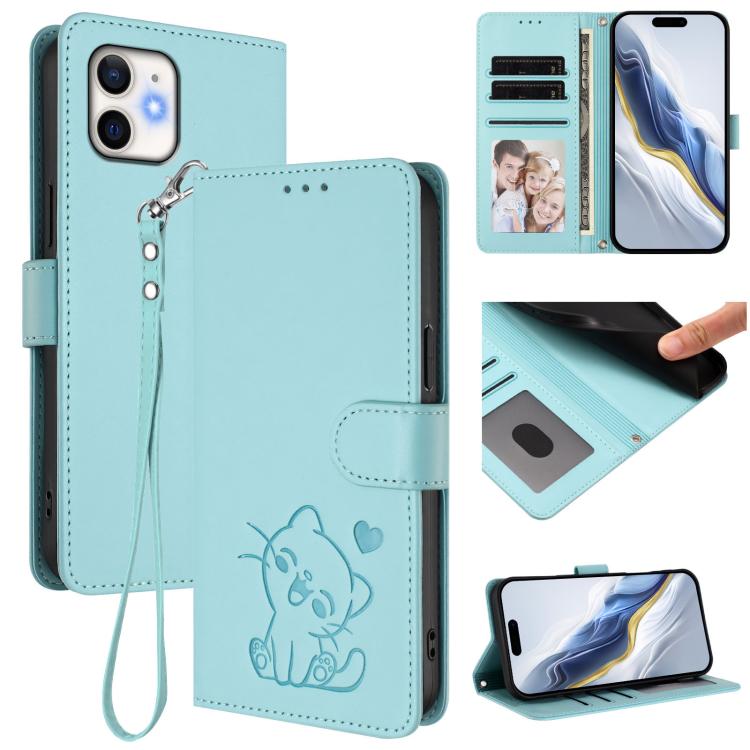 엠보싱 하트 고양이 가죽 휴대폰 케이스와 손 스트랩, iPhone 11 Pro Max용, iPhone 11용, iPhone 11 Pro용, iPhone X / XS용