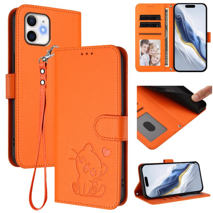 엠보싱 하트 고양이 가죽 휴대폰 케이스와 손 스트랩, iPhone 11 Pro Max용, iPhone 11용, iPhone 11 Pro용, iPhone X / XS용