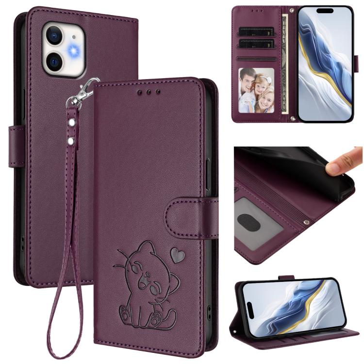 엠보싱 하트 고양이 가죽 휴대폰 케이스와 손 스트랩, iPhone 11 Pro Max용, iPhone 11용, iPhone 11 Pro용, iPhone X / XS용