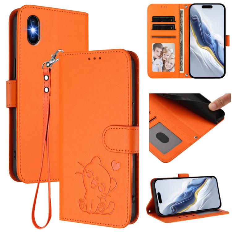 엠보싱 하트 고양이 가죽 휴대폰 케이스와 손 스트랩, iPhone 11 Pro Max용, iPhone 11용, iPhone 11 Pro용, iPhone X / XS용