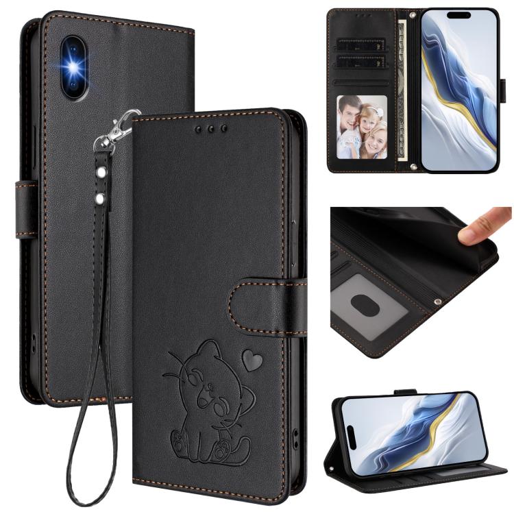 엠보싱 하트 고양이 가죽 휴대폰 케이스와 손 스트랩, iPhone 11 Pro Max용, iPhone 11용, iPhone 11 Pro용, iPhone X / XS용