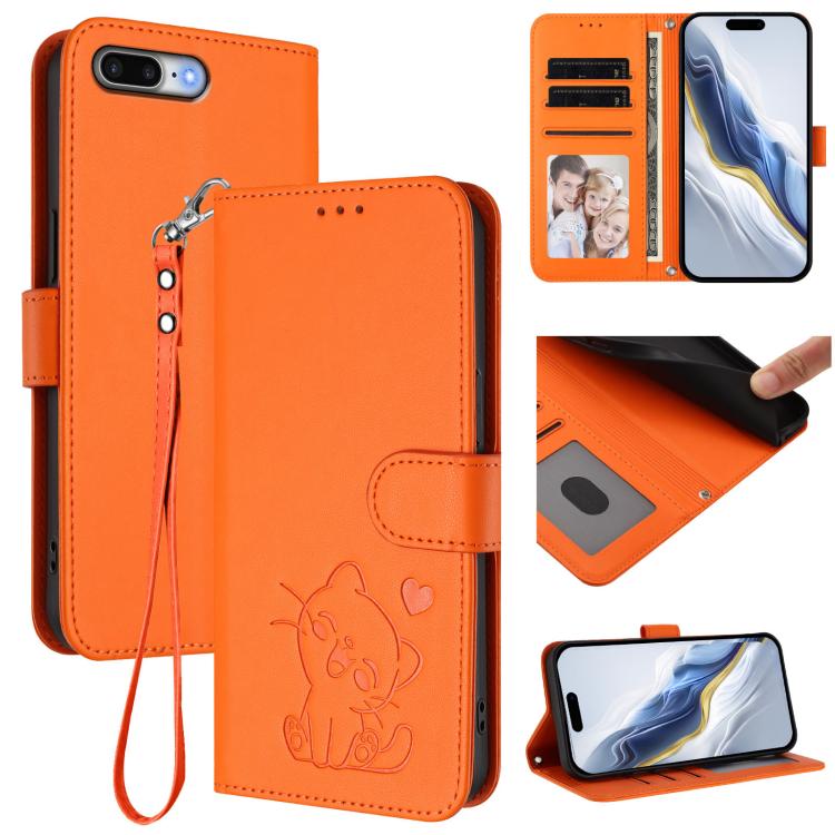 엠보싱 하트 고양이 가죽 휴대폰 케이스와 손 스트랩, iPhone XR용, iPhone XS Max용, iPhone 7 Plus / 8 Plus용