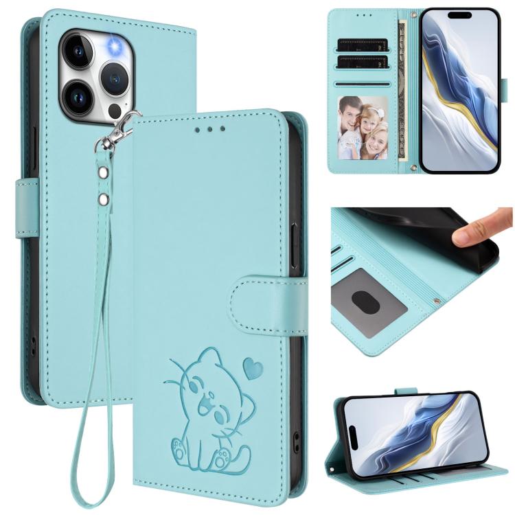 손목 스트랩이 있는 엠보싱 하트 고양이 가죽 휴대폰 케이스, iPhone 15용, iPhone 14 Plus용, iPhone 14 / 13용, iPhone 14 Pro용