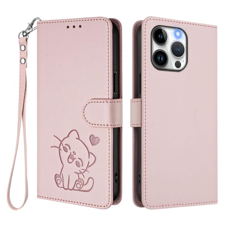 손목 스트랩이 있는 엠보싱 하트 고양이 가죽 휴대폰 케이스, iPhone 14 Pro Max용, iPhone 7 / 8 / SE 2022용, iPhone 13 Pro Max용, iPhone 13 Pro용