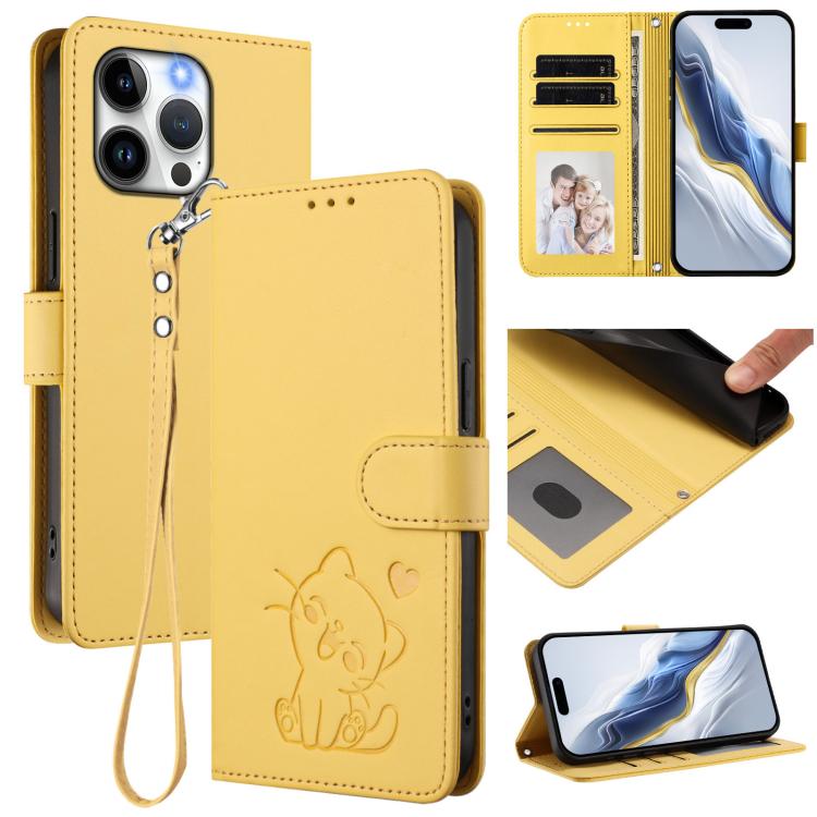 손목 스트랩이 있는 엠보싱 하트 고양이 가죽 휴대폰 케이스, iPhone 14 Pro Max용, iPhone 7 / 8 / SE 2022용, iPhone 13 Pro Max용, iPhone 13 Pro용