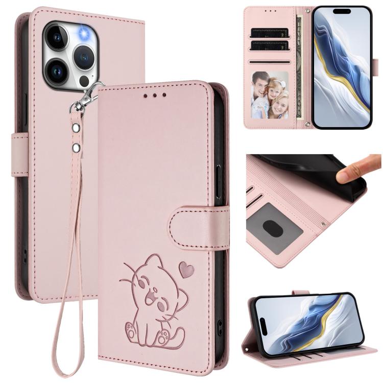 손목 스트랩이 있는 엠보싱 하트 고양이 가죽 휴대폰 케이스, iPhone 14 Pro Max용, iPhone 7 / 8 / SE 2022용, iPhone 13 Pro Max용, iPhone 13 Pro용