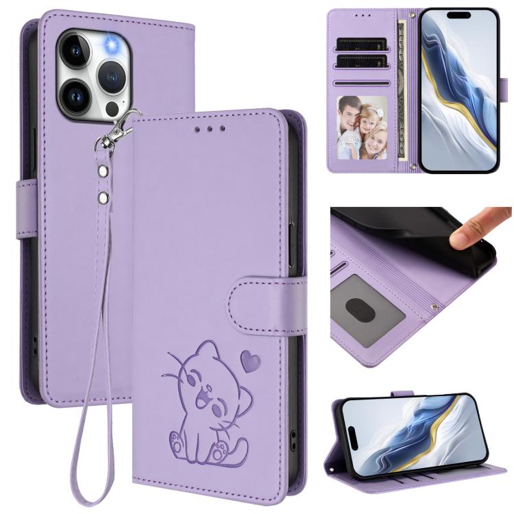 손목 스트랩이 있는 엠보싱 하트 고양이 가죽 휴대폰 케이스, iPhone 14 Pro Max용, iPhone 7 / 8 / SE 2022용, iPhone 13 Pro Max용, iPhone 13 Pro용