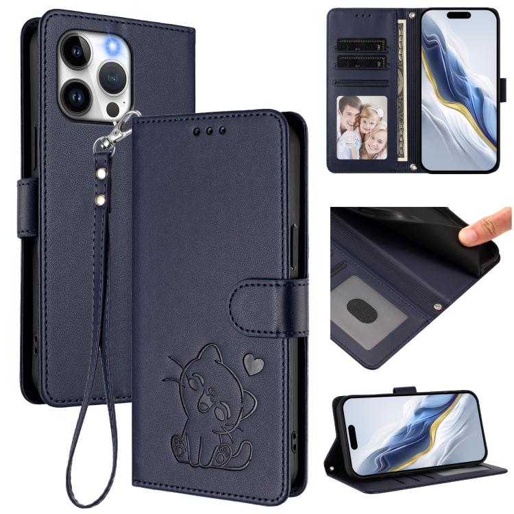 손목 스트랩이 있는 엠보싱 하트 고양이 가죽 휴대폰 케이스, iPhone 14 Pro Max용, iPhone 7 / 8 / SE 2022용, iPhone 13 Pro Max용, iPhone 13 Pro용