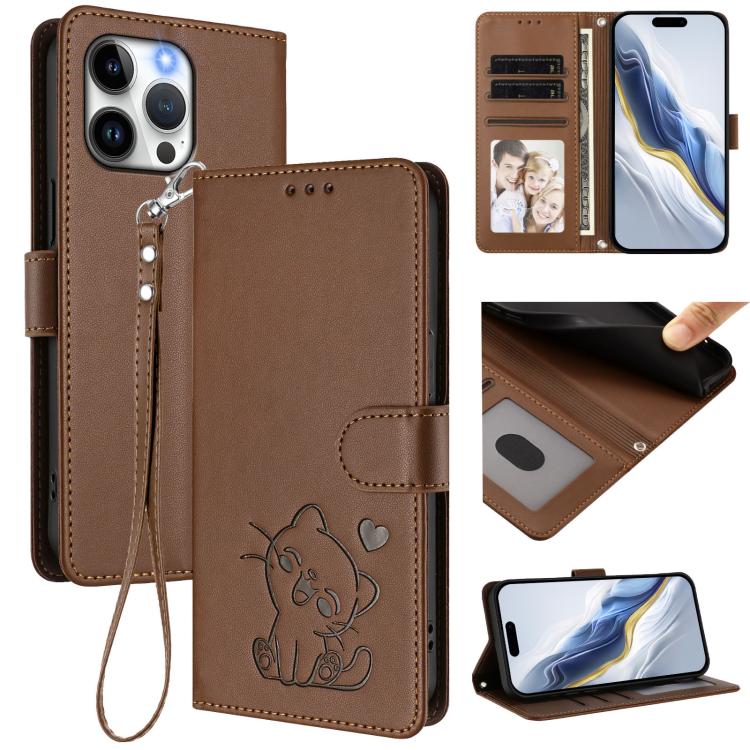 손목 스트랩이 있는 엠보싱 하트 고양이 가죽 휴대폰 케이스, iPhone 14 Pro Max용, iPhone 7 / 8 / SE 2022용, iPhone 13 Pro Max용, iPhone 13 Pro용