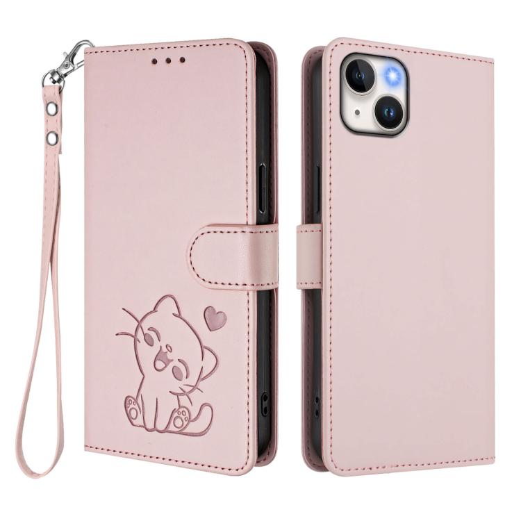 손목 스트랩이 있는 엠보싱 하트 고양이 가죽 휴대폰 케이스, iPhone 13 mini용, iPhone 12 / 12 Pro용, iPhone 12 Pro Max용, iPhone 12 mini용