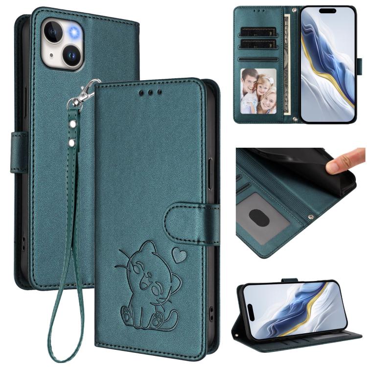 손목 스트랩이 있는 엠보싱 하트 고양이 가죽 휴대폰 케이스, iPhone 13 mini용, iPhone 12 / 12 Pro용, iPhone 12 Pro Max용, iPhone 12 mini용