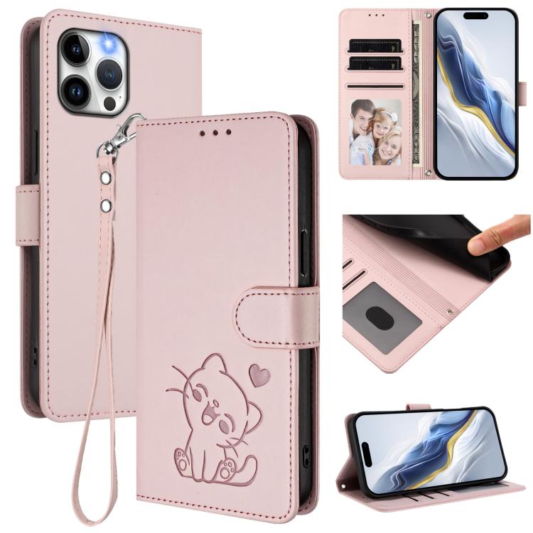 손목 스트랩이 있는 엠보싱 하트 고양이 가죽 휴대폰 케이스, iPhone 13 mini용, iPhone 12 / 12 Pro용, iPhone 12 Pro Max용, iPhone 12 mini용