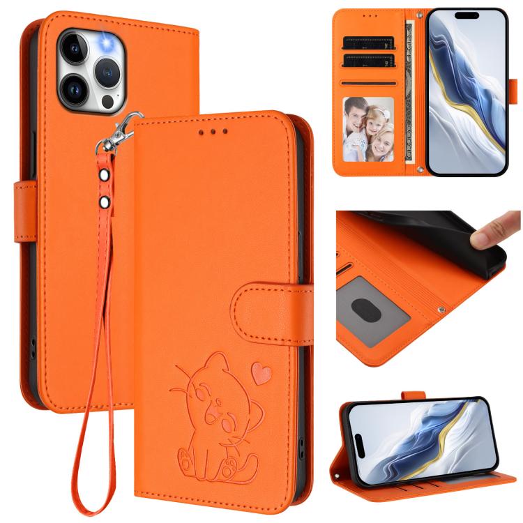 손목 스트랩이 있는 엠보싱 하트 고양이 가죽 휴대폰 케이스, iPhone 13 mini용, iPhone 12 / 12 Pro용, iPhone 12 Pro Max용, iPhone 12 mini용