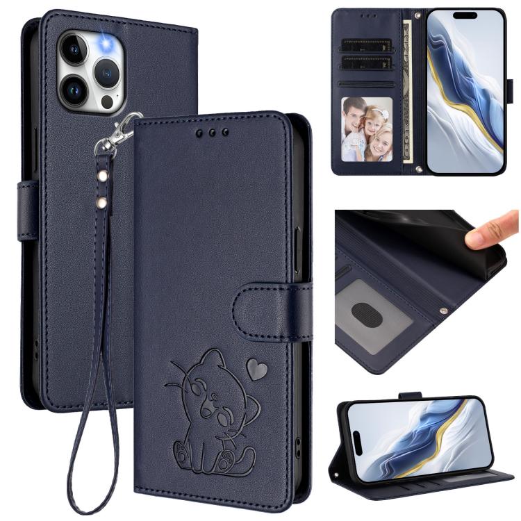 손목 스트랩이 있는 엠보싱 하트 고양이 가죽 휴대폰 케이스, iPhone 13 mini용, iPhone 12 / 12 Pro용, iPhone 12 Pro Max용, iPhone 12 mini용