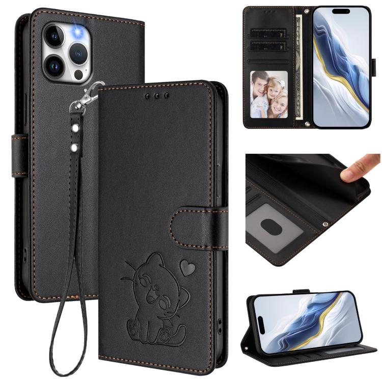 손목 스트랩이 있는 엠보싱 하트 고양이 가죽 휴대폰 케이스, iPhone 13 mini용, iPhone 12 / 12 Pro용, iPhone 12 Pro Max용, iPhone 12 mini용