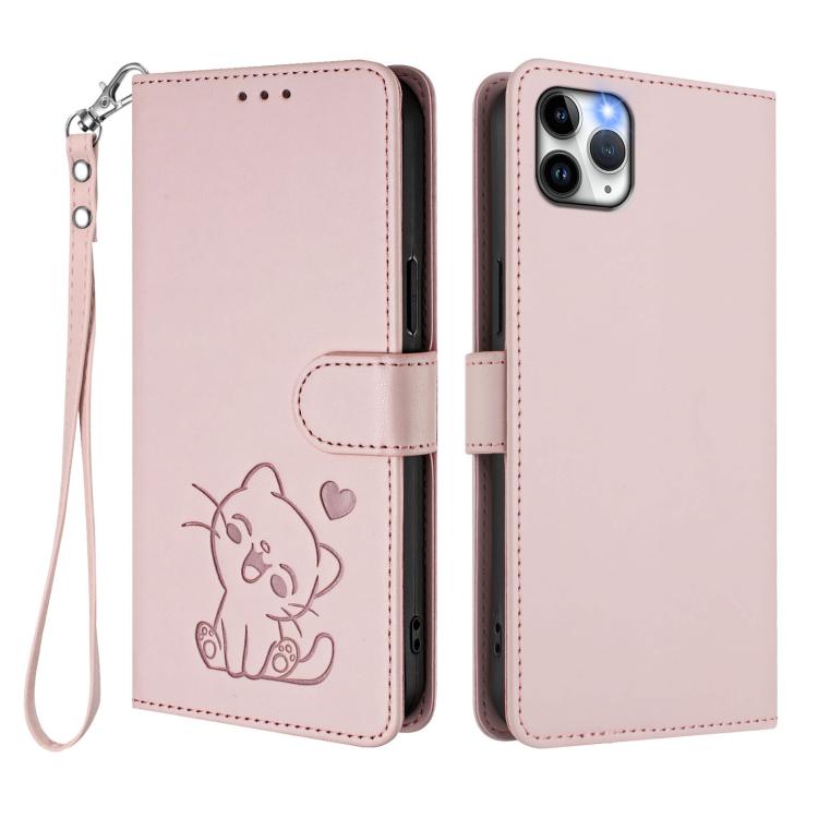 엠보싱 하트 고양이 가죽 휴대폰 케이스와 손 스트랩, iPhone 11 Pro Max용, iPhone 11용, iPhone 11 Pro용, iPhone X / XS용