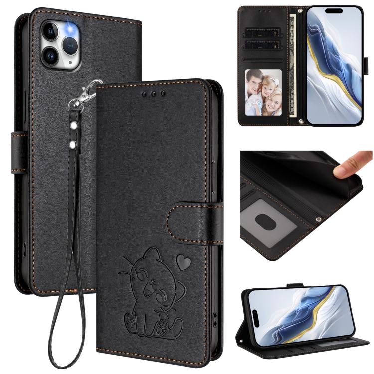 엠보싱 하트 고양이 가죽 휴대폰 케이스와 손 스트랩, iPhone 11 Pro Max용, iPhone 11용, iPhone 11 Pro용, iPhone X / XS용