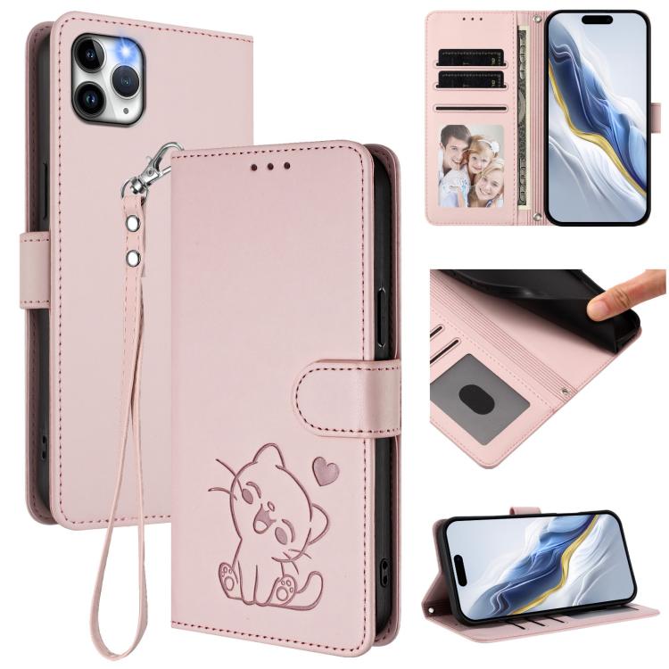 엠보싱 하트 고양이 가죽 휴대폰 케이스와 손 스트랩, iPhone 11 Pro Max용, iPhone 11용, iPhone 11 Pro용, iPhone X / XS용