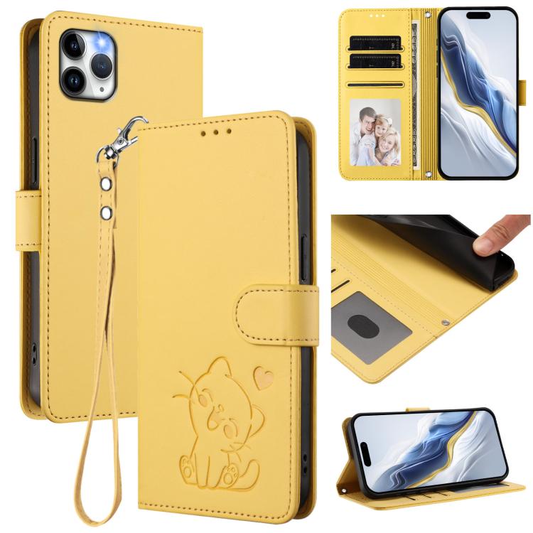 엠보싱 하트 고양이 가죽 휴대폰 케이스와 손 스트랩, iPhone 11 Pro Max용, iPhone 11용, iPhone 11 Pro용, iPhone X / XS용