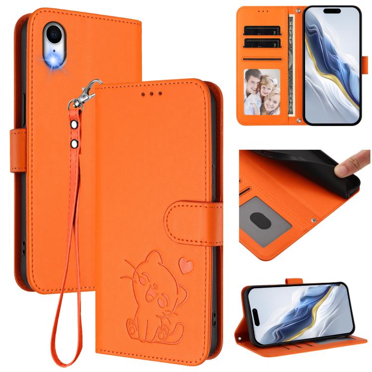 엠보싱 하트 고양이 가죽 휴대폰 케이스와 손 스트랩, iPhone XR용, iPhone XS Max용, iPhone 7 Plus / 8 Plus용