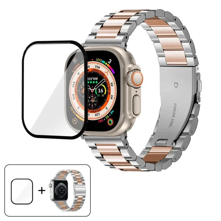 Three Beads Stainless Steel Watch Band with 3D Curved Film, For Apple Watch Ultra 2 / 1 49mm, For Apple Watch Series 45mm, For Apple Watch Series 41mm, For Apple Watch Series 38mm