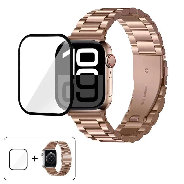 Three Beads Stainless Steel Watch Band with 3D Curved Film, For Apple Watch Ultra 2 / 1 49mm, For Apple Watch Series 45mm, For Apple Watch Series 41mm, For Apple Watch Series 38mm