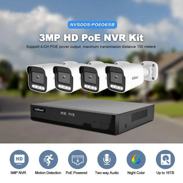 SriHome NVS005-POE065 3MP HD 4채널 POE 카메라 네트워크 비디오 녹화기 키트, 3MP 4채널
