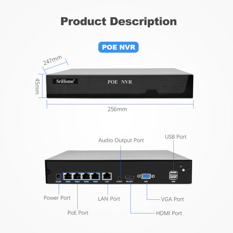 SriHome NVS005-POE030 3MP HD 4채널 POE 카메라 네트워크 비디오 레코더 키트, 3MP 4채널