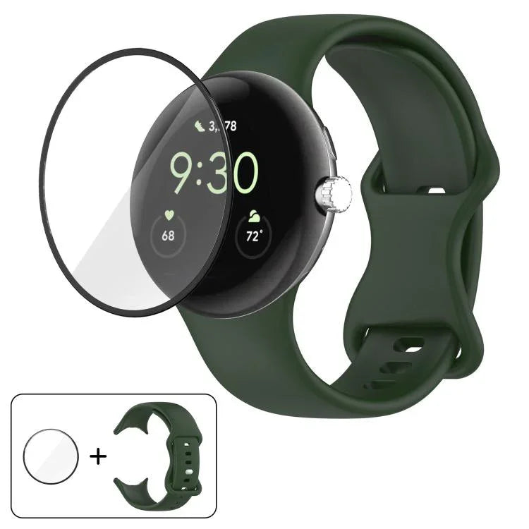 3D 곡면 필름이 있는 버터플라이 버클 실리콘 시계 밴드, Google Pixel Watch 3 45mm용, Google Pixel Watch 3 41mm용, Google Pixel Watch 2용, Google Pixel Watch용