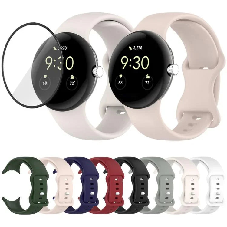 3D 곡면 필름이 있는 버터플라이 버클 실리콘 시계 밴드, Google Pixel Watch 3 45mm용, Google Pixel Watch 3 41mm용, Google Pixel Watch 2용, Google Pixel Watch용