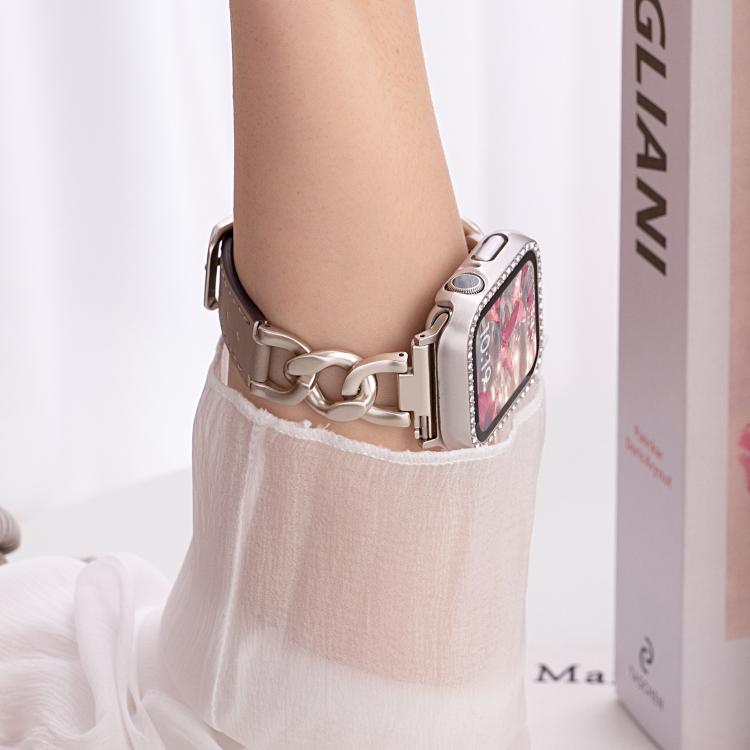 xDfind Denim Chain Metal Hybrid Leather Watch Band, For Apple Watch 42 / 44 / 45 / 46 / 49mm, For Apple Watch 38 / 40 / 41 / S10 42mm