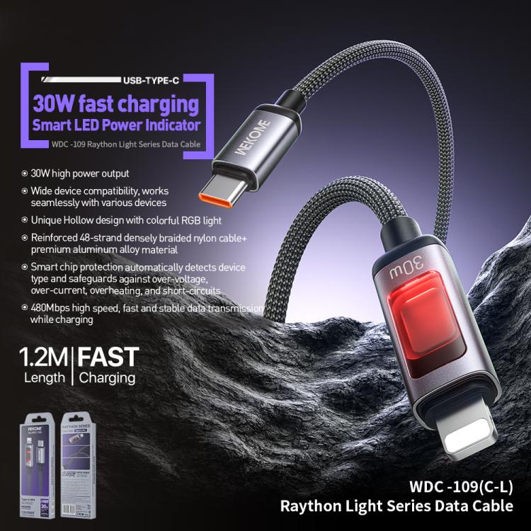 WK WDC-109 30W 지능형 디지털 디스플레이 Type-C to 8핀 고속 충전 데이터 케이블, 길이: 1.2m, WDC-109