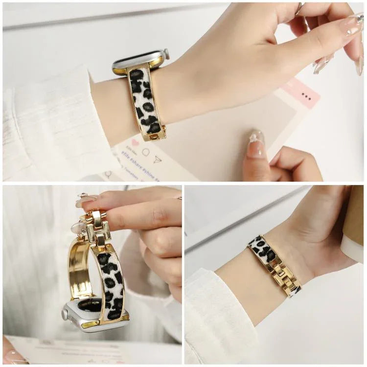 레오파드 프린트 팔찌 합금 시계줄, 애플 워치 46mm / 49mm / 45mm / 44mm용, 애플 워치 42mm / 41mm / 40mm / 38mm용