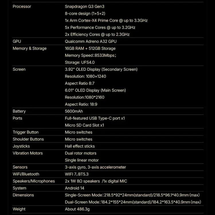 ONE-NETBOOK Sugar 1 듀얼 스크린 휴대용 게임 콘솔, 안드로이드 14 스냅드래곤 G3 Gen3, 16GB+512GB