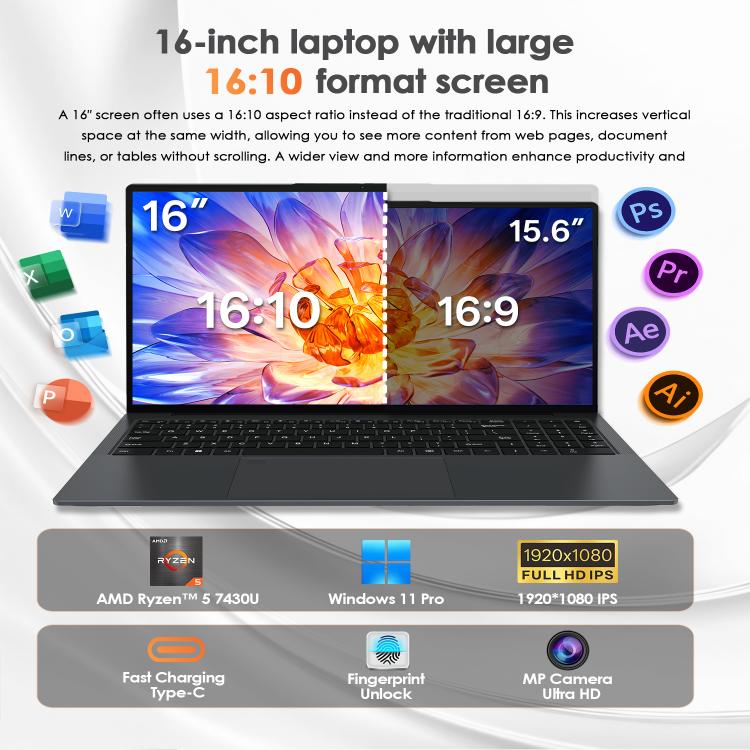 GXMO T160 16인치 윈도우 11 노트북, 16GB+512GB, AMD 라이젠 5 7430U 헥사 코어 프로세서, 유럽 플러그, 미국 플러그, 영국 플러그, 호주 플러그