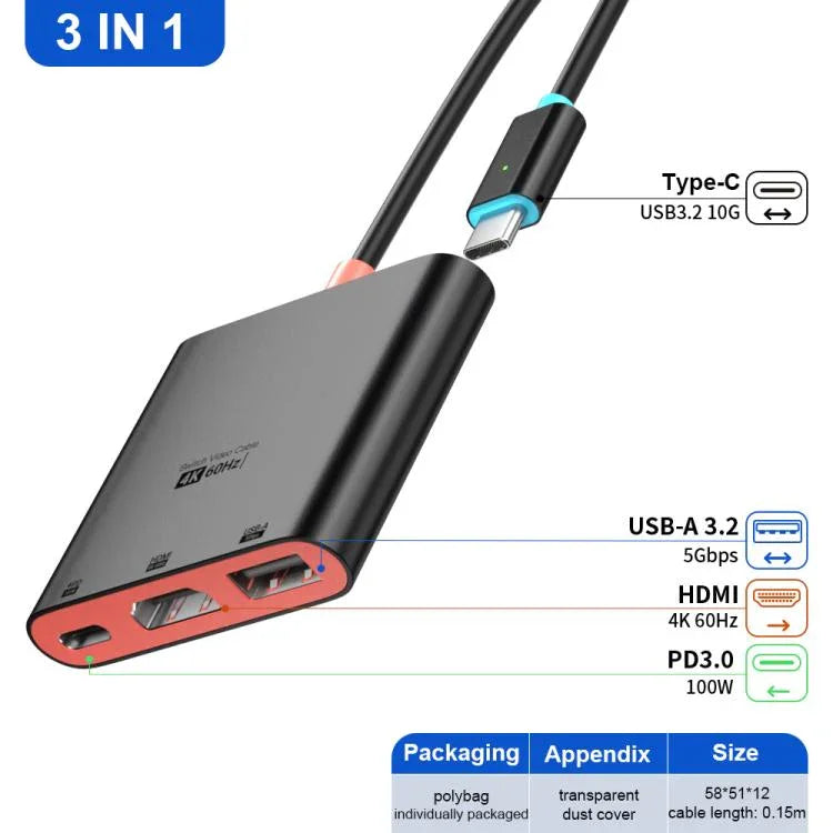 3-in-1 Type-C to HDMI + USB 3.0 + Type-C PD 충전 포트 데스크탑 도킹 스테이션, 닌텐도 스위치용