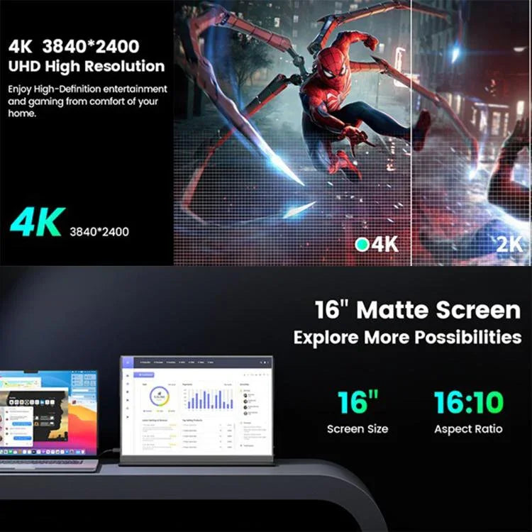 P160A20 16인치 4K 휴대용 모니터 게이밍 확장 스크린, 16인치 4K