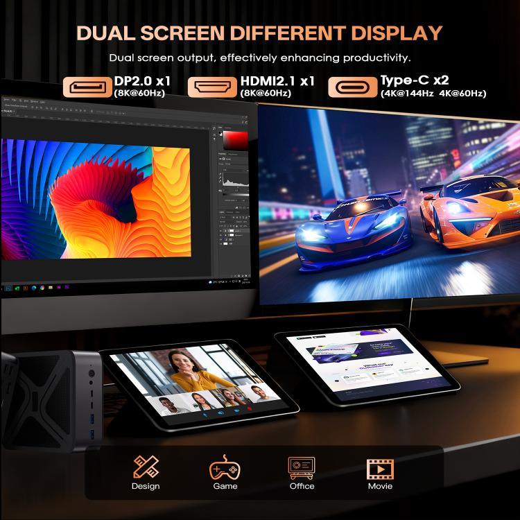 GXMO GH8 Windows 11 Pro 미니 PC, AMD Ryzen 9 8945HS 옥타 코어 프로세서, 메모리 없음, 16GB+512GB