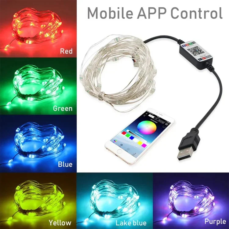 RGB USB LED 구리선 조명 스트링 휴일 장식 조명 스트링 블루투스 모바일 앱 제어, 2m 20 LED, 5m 50 LED, 10m 100 LED, 12m 120 LED, 15m 150 LED, 20m 200 LED