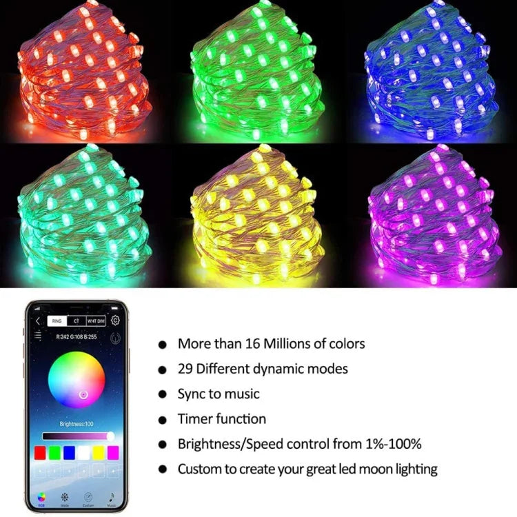 RGB USB LED 구리선 조명 스트링 휴일 장식 조명 스트링 블루투스 모바일 앱 제어, 2m 20 LED, 5m 50 LED, 10m 100 LED, 12m 120 LED, 15m 150 LED, 20m 200 LED